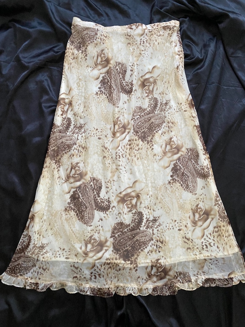 Vintage 1990s Brown Cream Paisley Floral Maxi Skirt Boho Grunge Ruffle Large